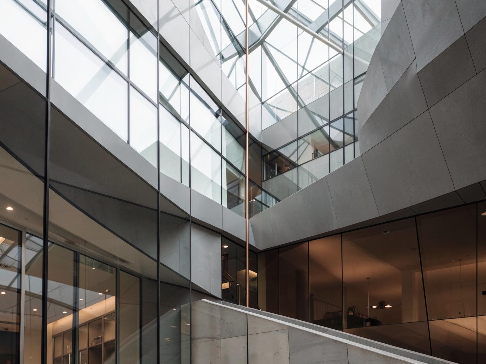 Modern corporate atrium with clean architectural lines